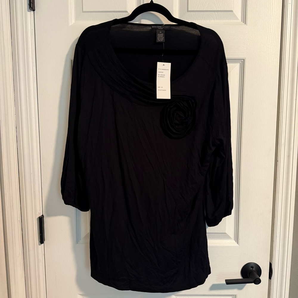 Women’s Plus Size 2X Black Top with 3/4 Sleeves and Rose Accent Design History